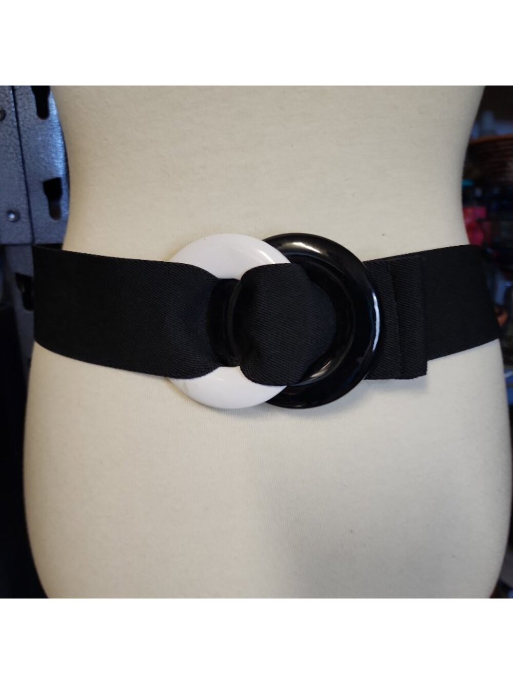 Vintage Women Black Wide Elastic Fashion Belt Hip High Waist White Round Buckle